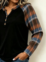 Women's Plaid Patchwork Henley Long Sleeve Top