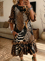 Women Mixed Animal Print Ruffle Midi Dress With Pockets