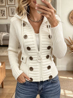 Women's White Ribbed Knit Zip-Up Hoodie with Double-Breasted Brown Buttons