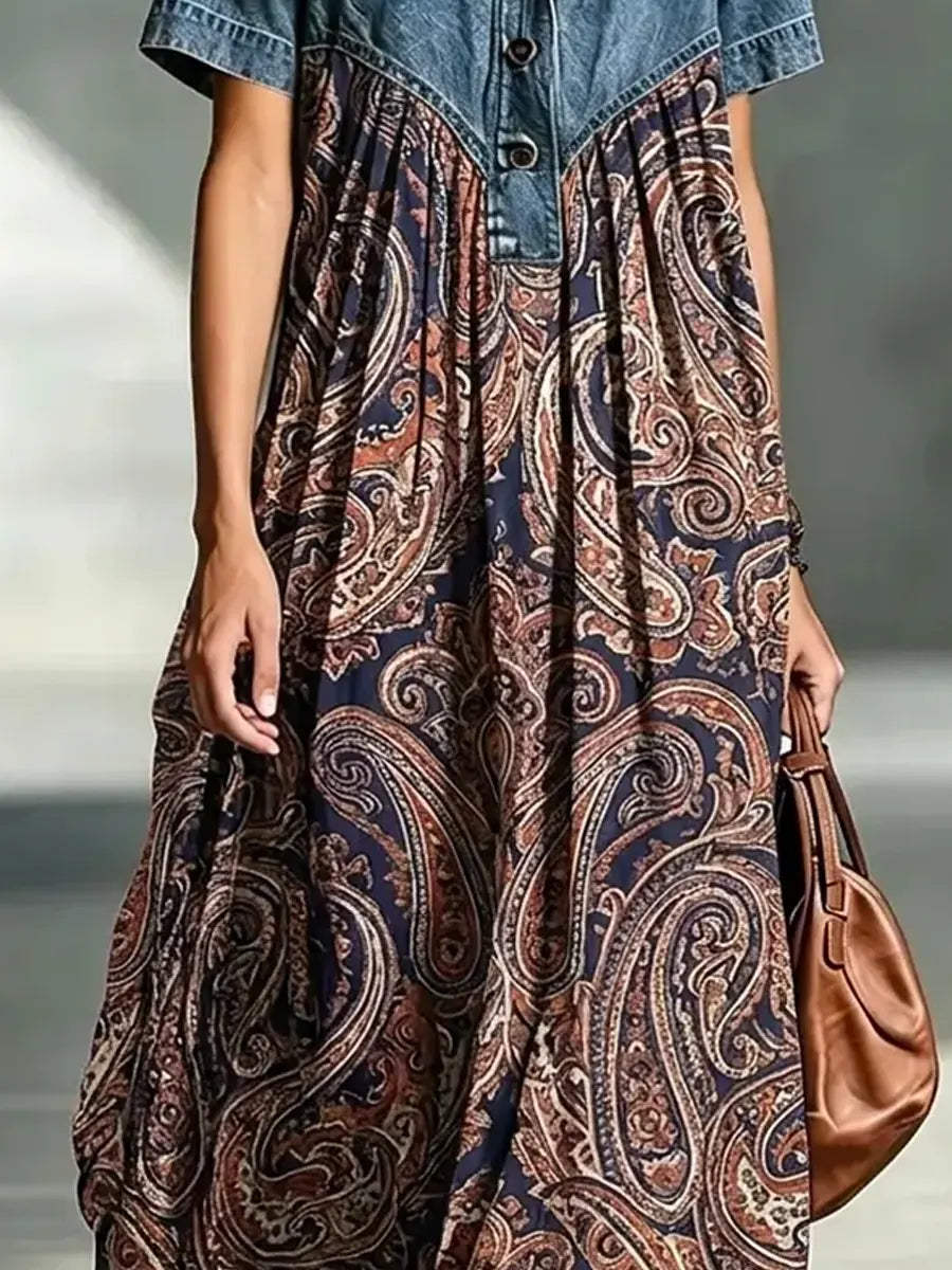 Retro Floral Pattern Art Print Casual Stylish Lapel Denim Patchwork Dress