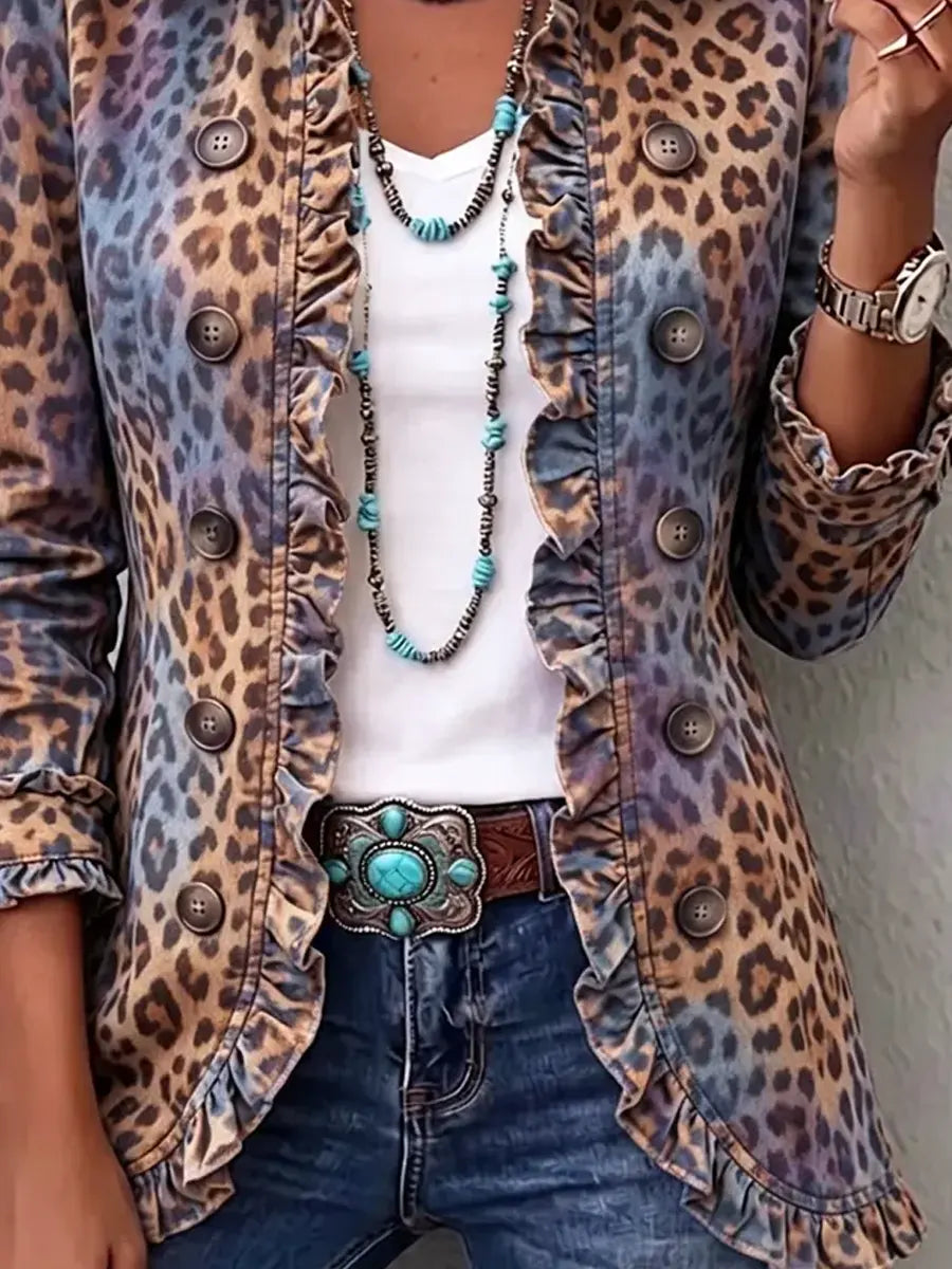 Retro Leopard Pattern Art Print Ruffle Casual Stylish Cotton Lapel Coat