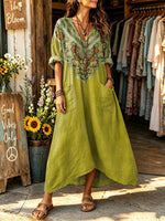 Women's Solid Body Ethnic Geometric Yoke Print V-neck Maxi Dress