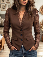 Women's Brown Blazer Vest Top with Sheer Lace V-Neck and Long Sleeve Contrast