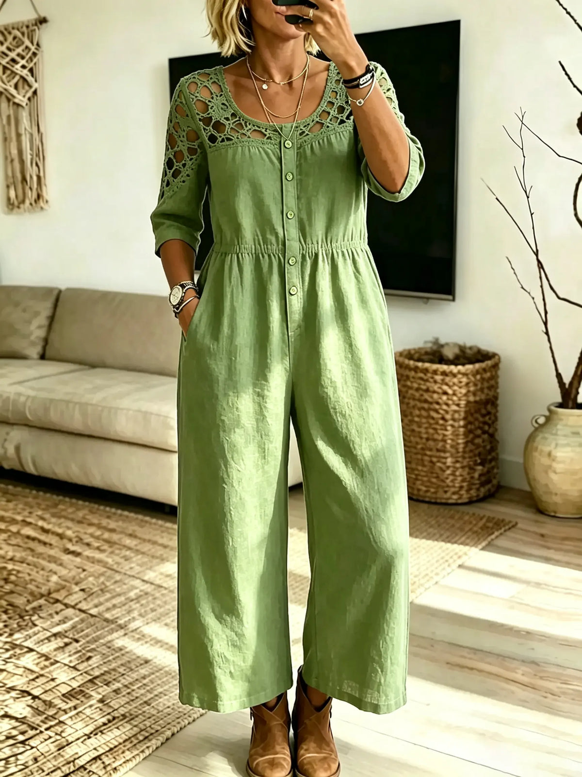 Women's Solid Hollow Spliced Wide Leg Jumpsuit