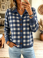 Women's Plaid Polo Collar Button-Down Knit Cardigan