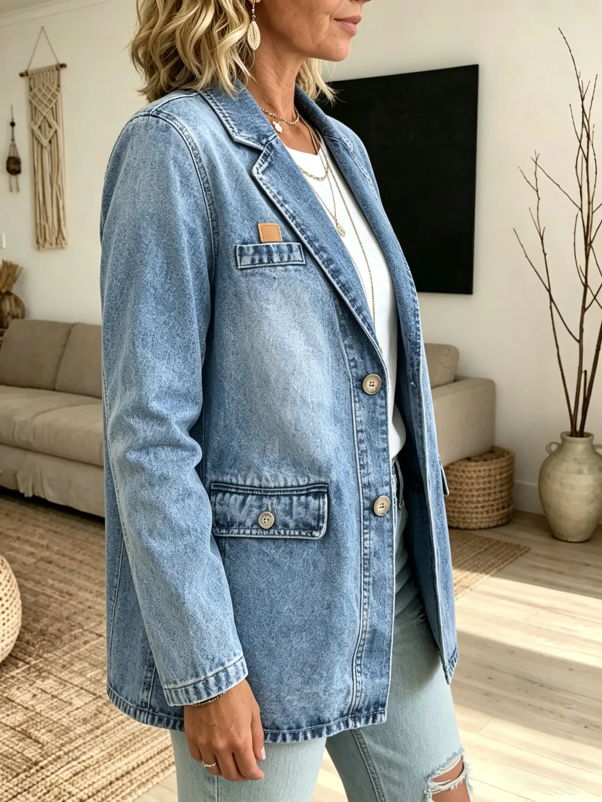 Women's Flap Pocket Single-Breasted Denim Blazer