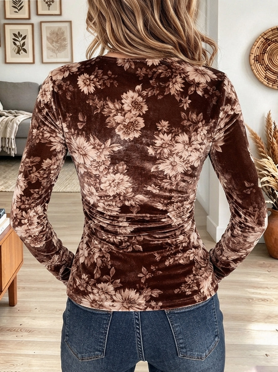 Women's Brown Floral Velvet V-Neck Top with Lace Trim and Ruched Bodice
