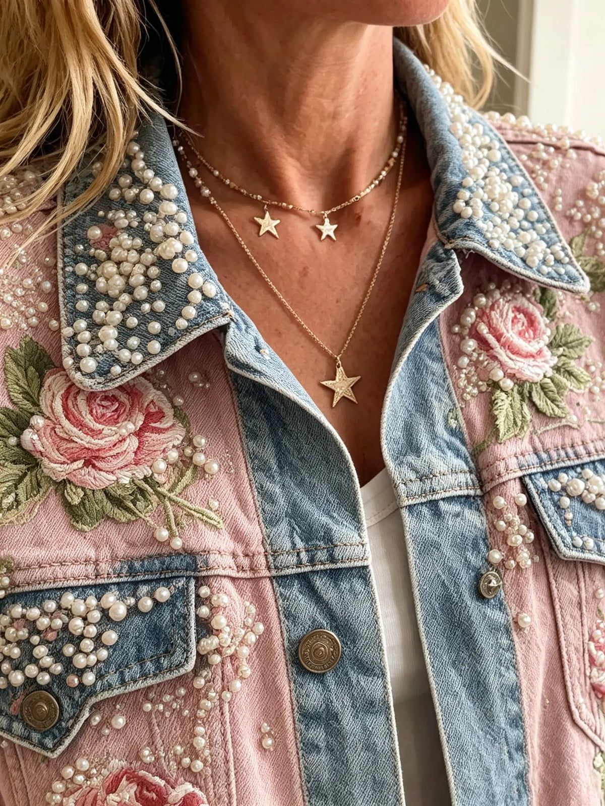 Women's Pearl Studded FloralDenim Jacket