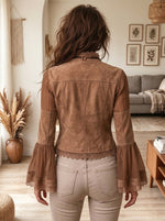 Women's Brown Faux Suede Jacket with Sheer Lace Trim and Pleated Sleeves