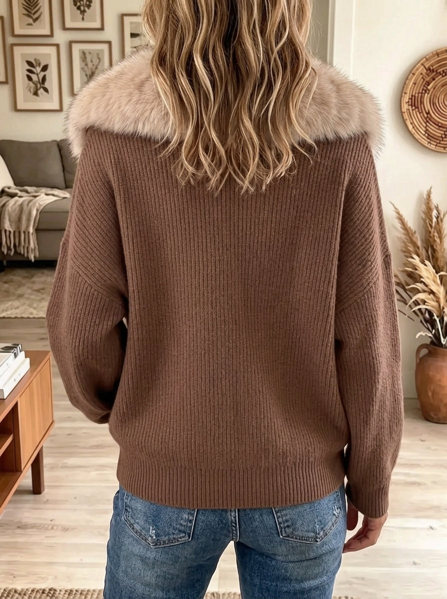 Women's Faux Fur Collar Ribbed Zip-Up Cardigan