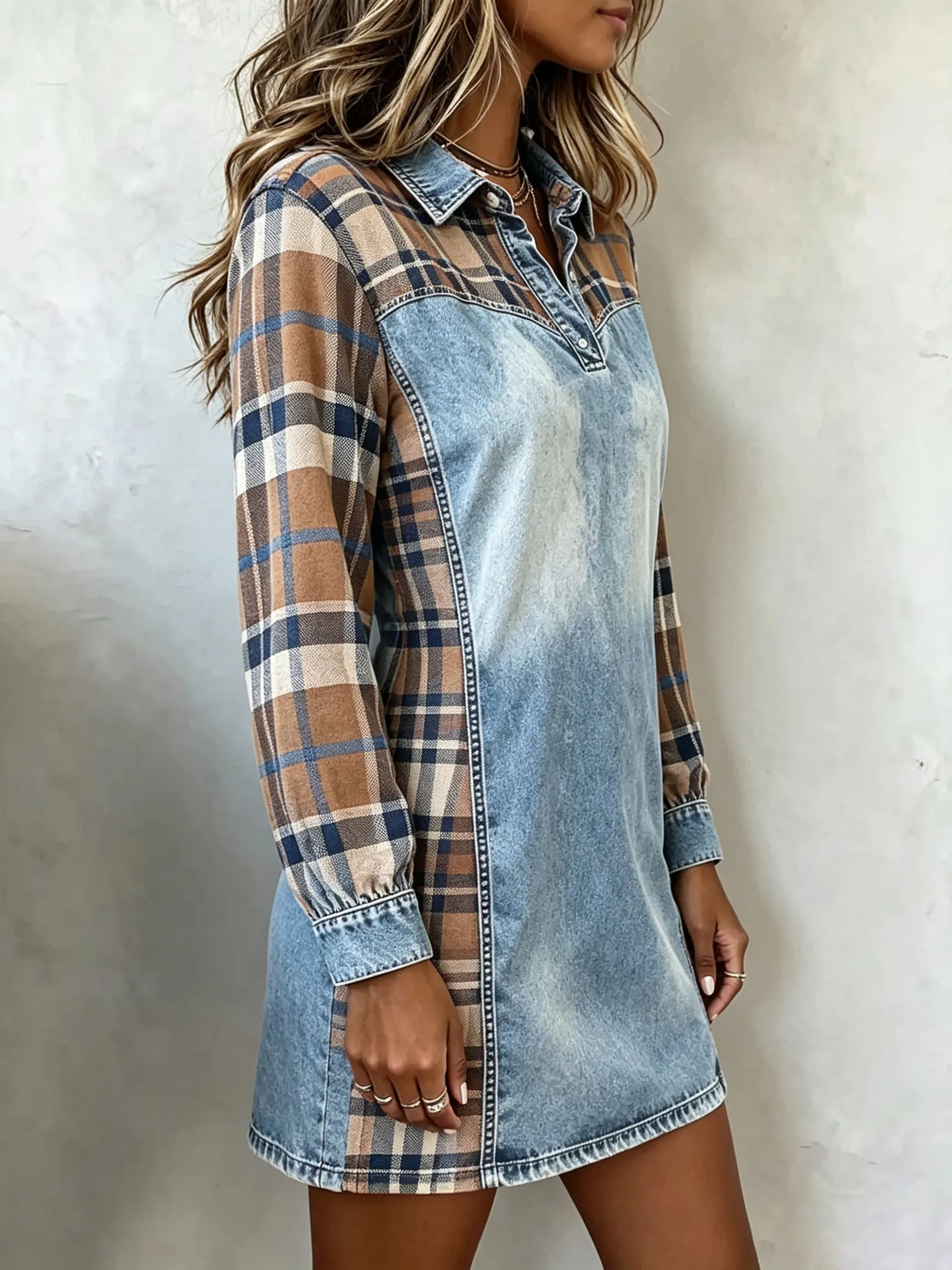 Women Plaid Spliced Denim Mini Dress