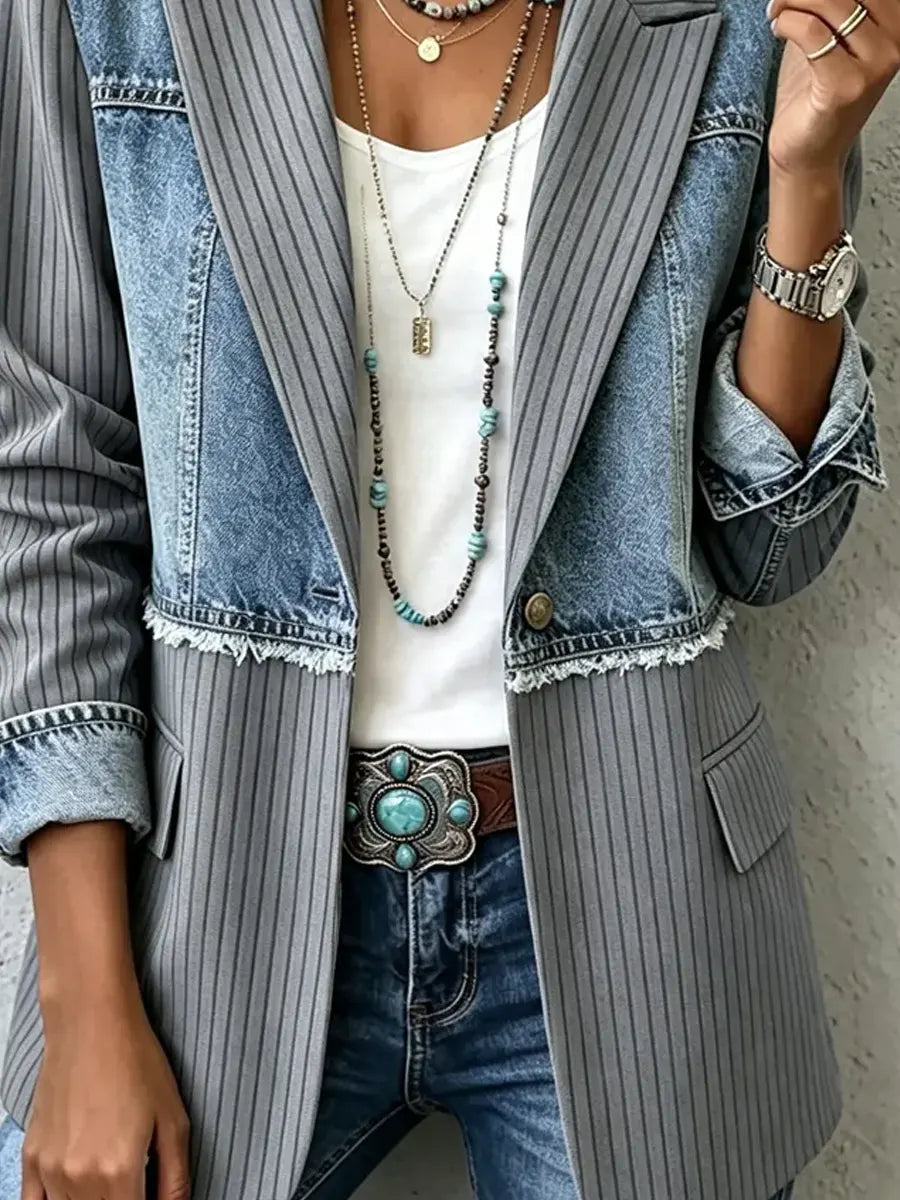 Retro Long Sleeve Lapel Casual Stylish Denim Patchwork Suit Coat