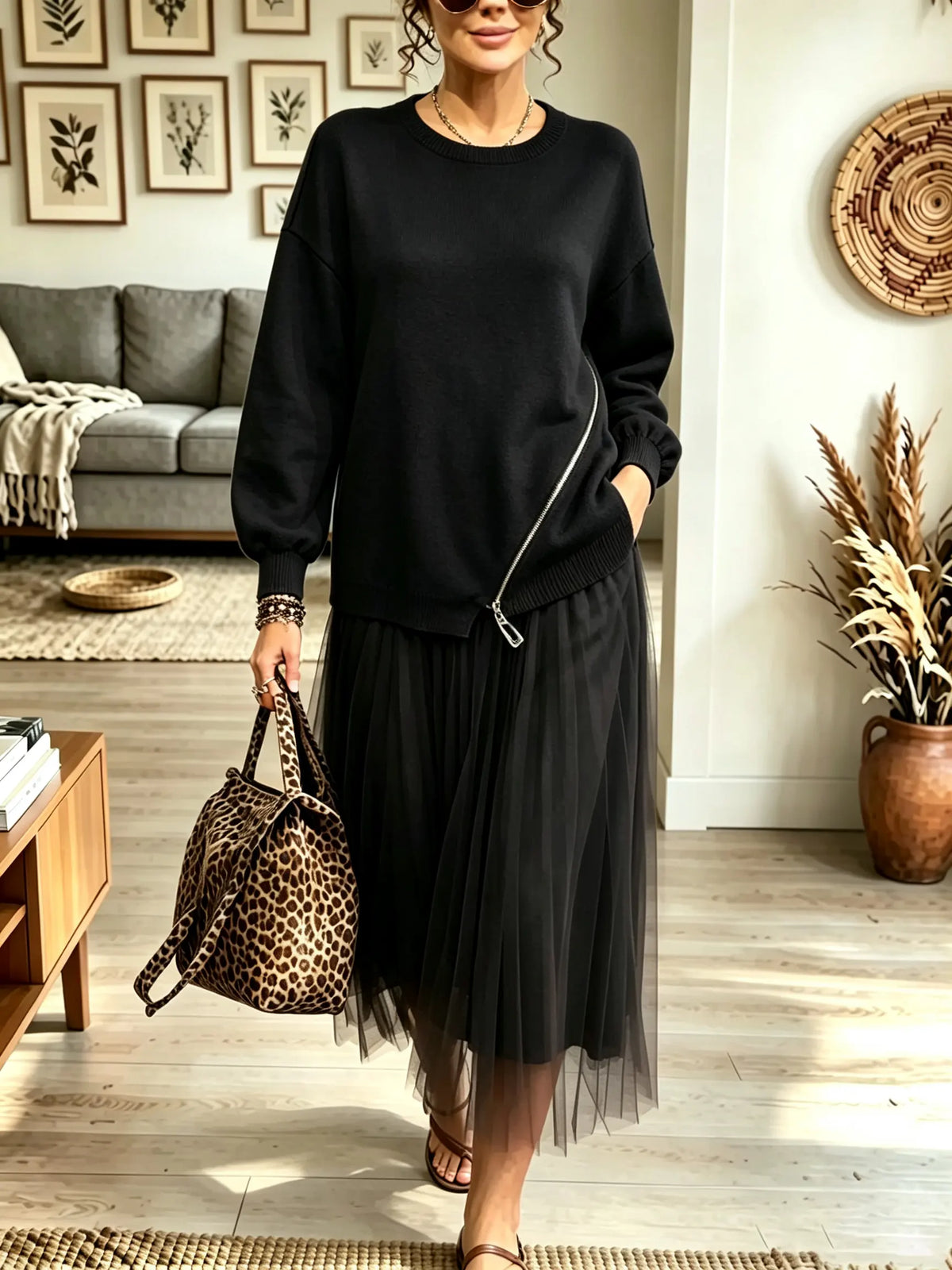 Women's Zipper Accent Sweater Tulle Midi Dress