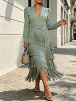 Women V Neck Puff Long Sleeve Tiered Fringe Midi Wrap Dress Party Evening Dress