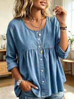 Women's Art Round Collar Button Casual Long Sleeve Cotton Shirt