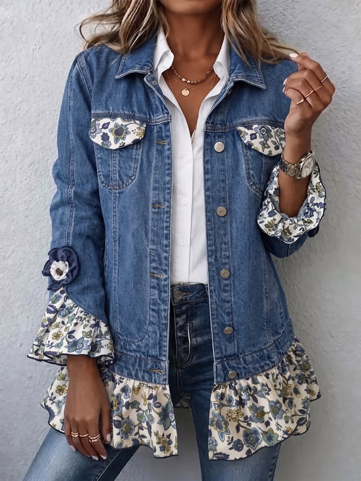 Women Floral Ruffle Patchwork Denim Jacket Lapel Button Long Sleeve Boho Outerwear