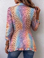 Retro Leopard Pattern Art Print Ruffle Casual Stylish Cotton Lapel Coat