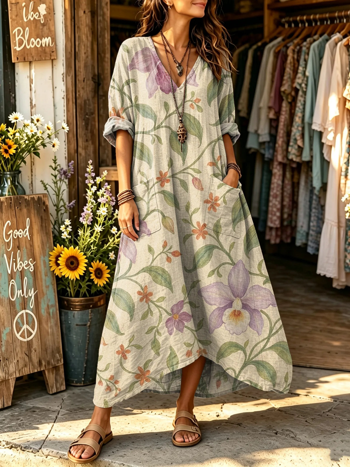Women's Watercolor Orchid Floral Print V-neck Maxi Dress