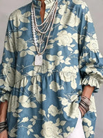 Retro Floral Art Pattern Print Ruffle Casual Stylish Cotton Linen Shirt