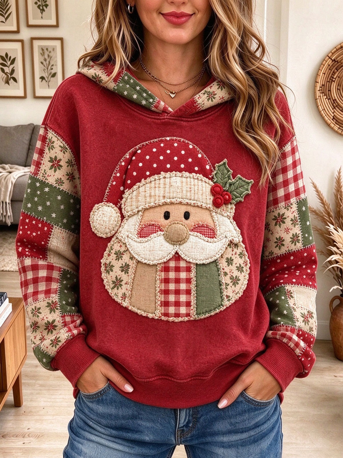 Women's Red Christmas Santa Graphic Patchwork Hoodie with Plaid Trim