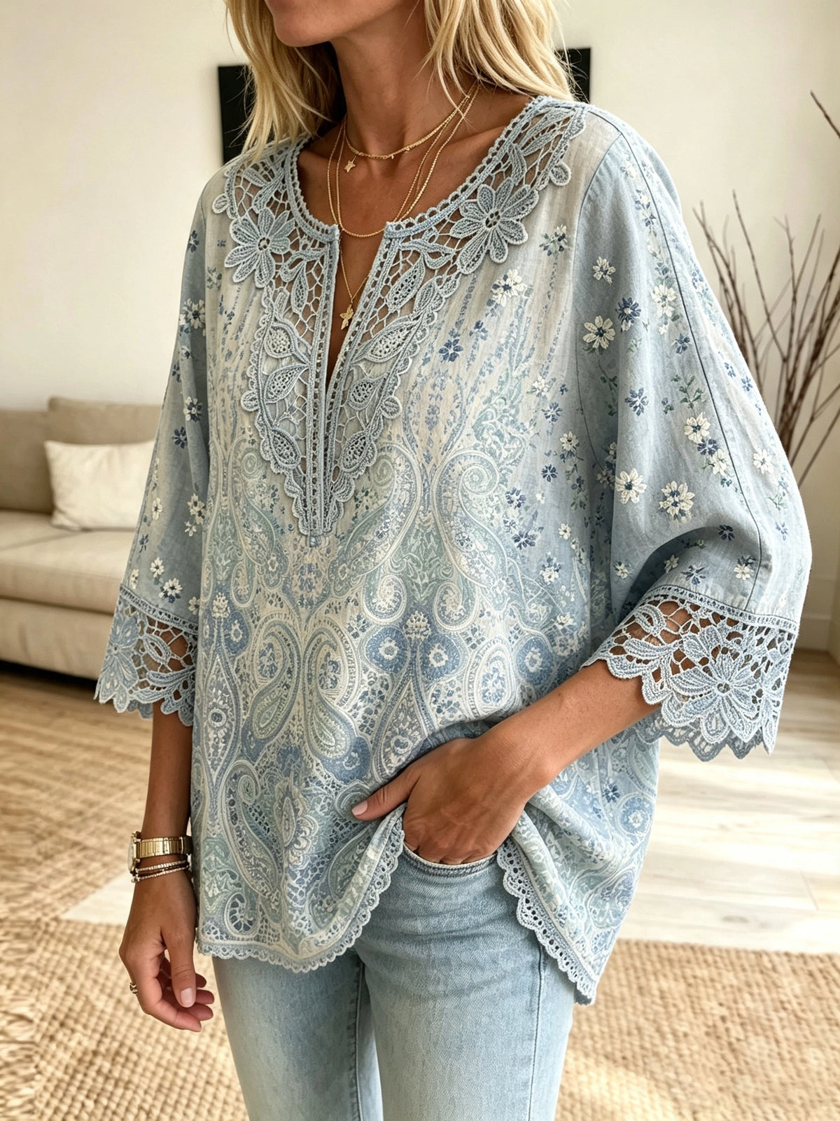 Women's Paisley Crochet Cutout Blouse