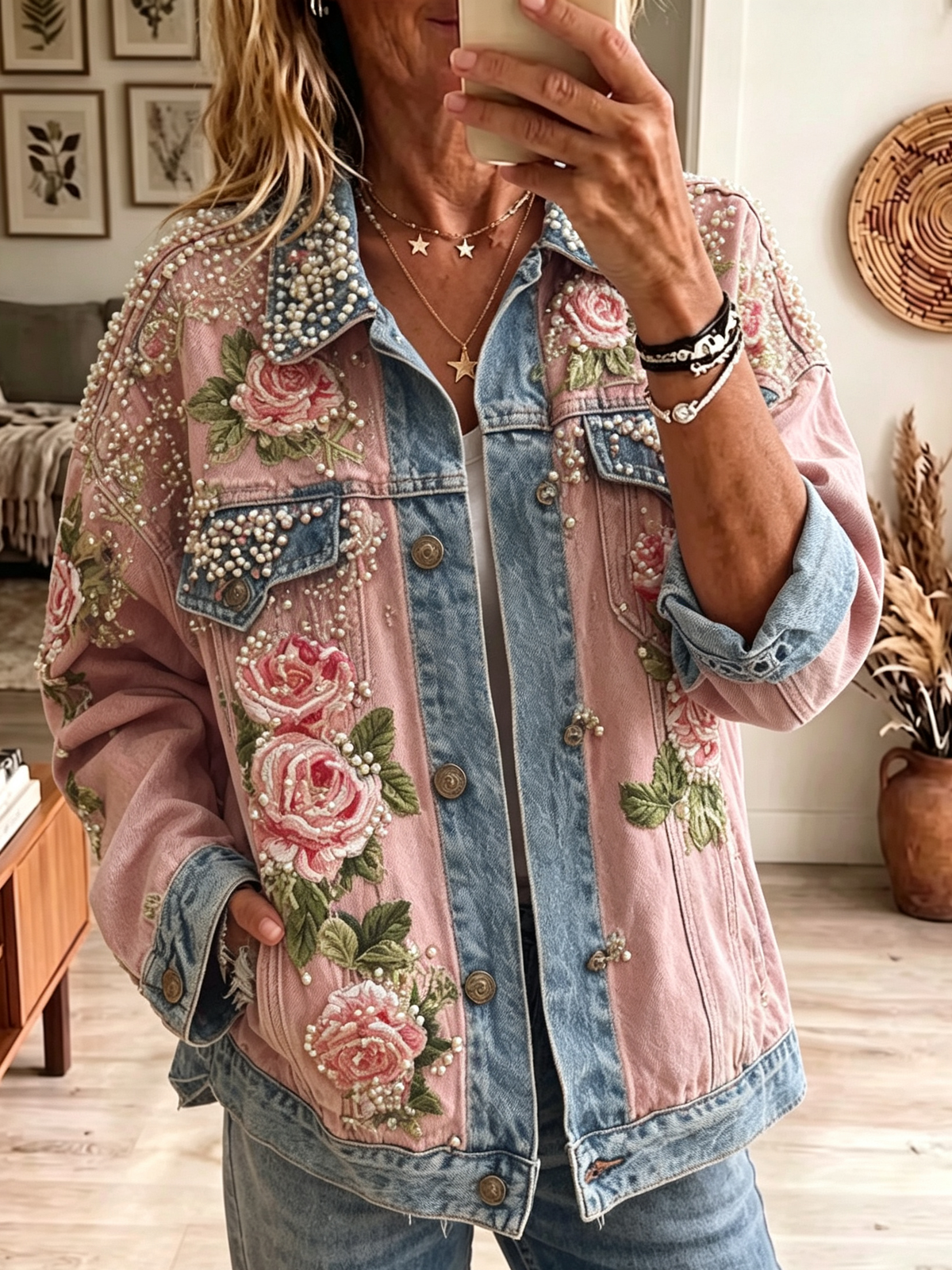Women's Pearl Studded FloralDenim Jacket