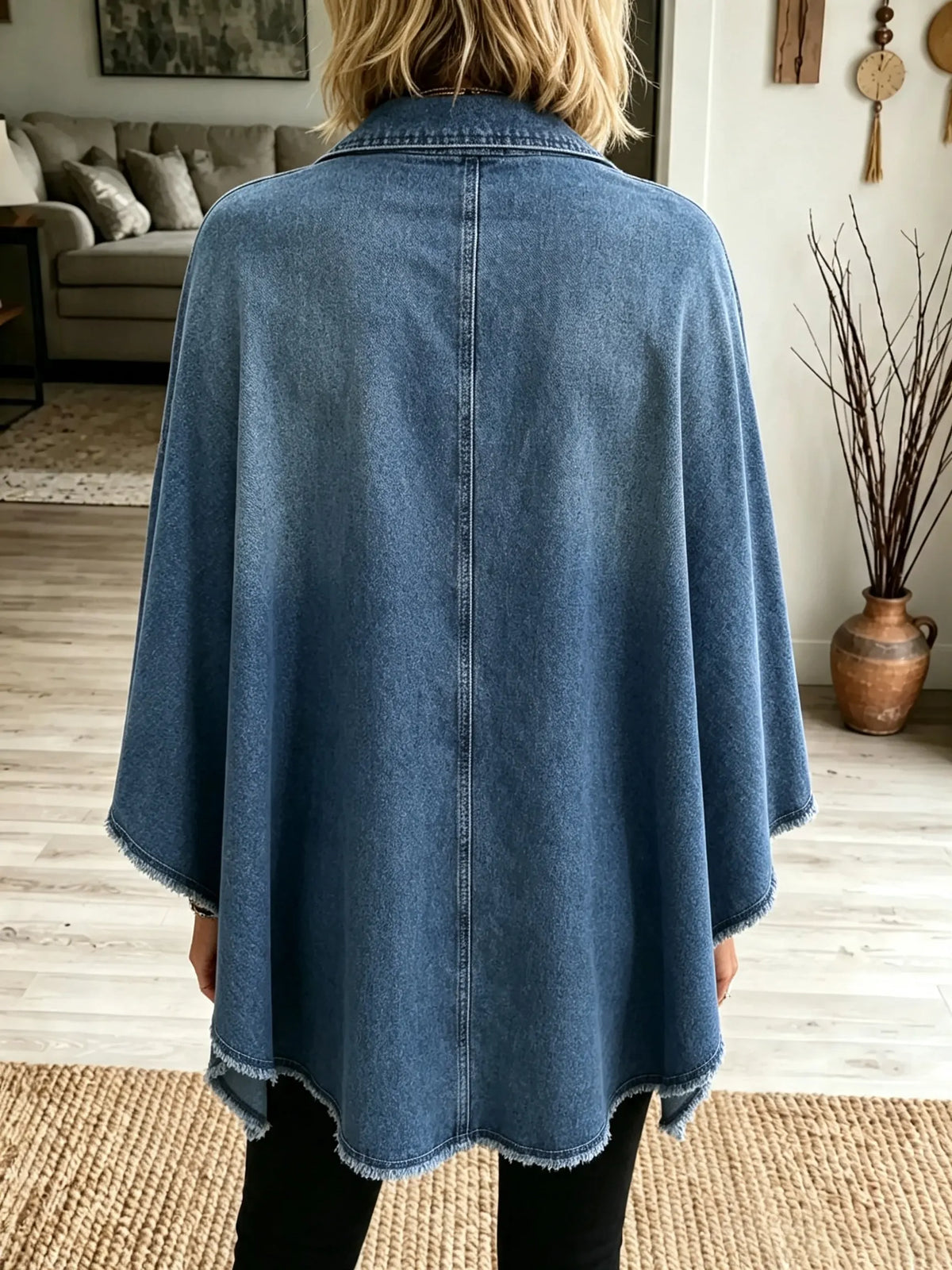 Women's Raw Hem Denim Poncho Jacket
