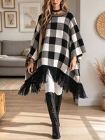 Women's Buffalo Plaid Fringe Poncho, Loose Oversized Check Knit Cape Wrap for Fall Winter
