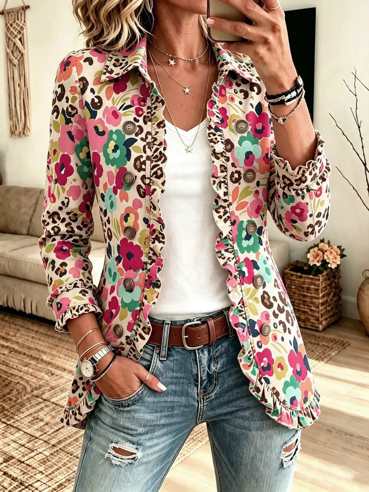 Women's Floral Leopard Ruffle Blazer Jacket
