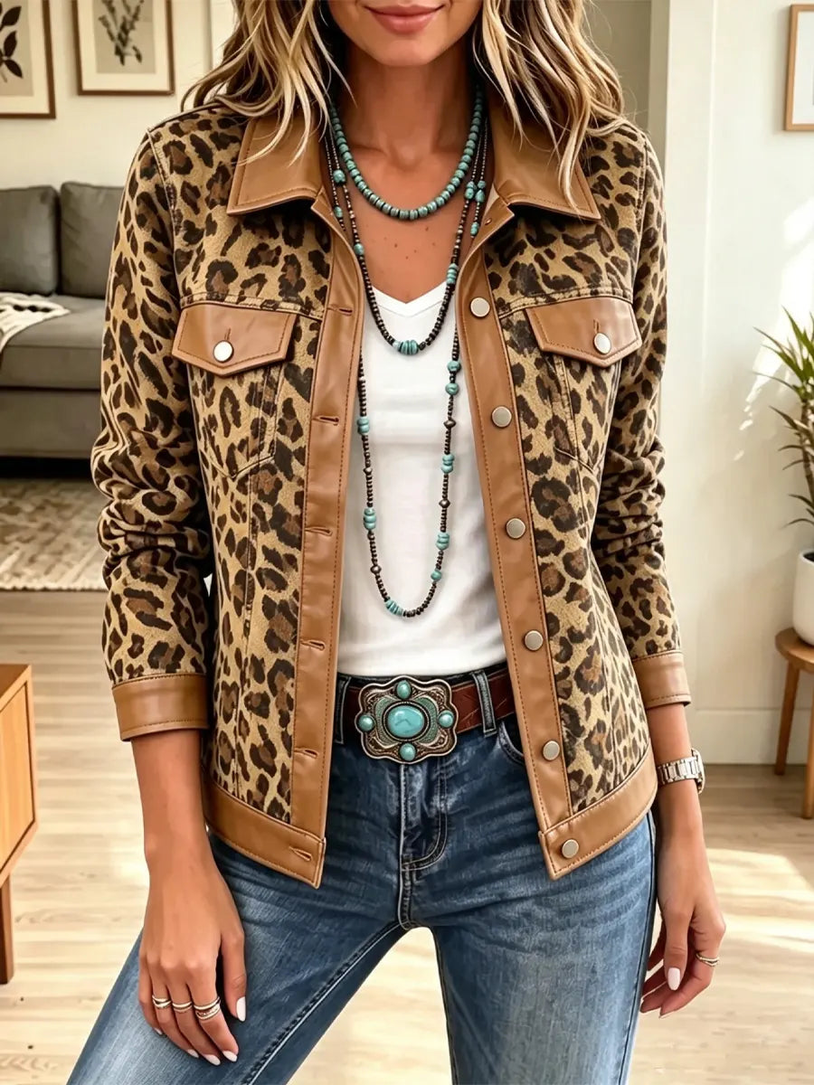 Retro Chic Leopard Pattern Patchwork Art Casual Stylish Long Sleeve Coat