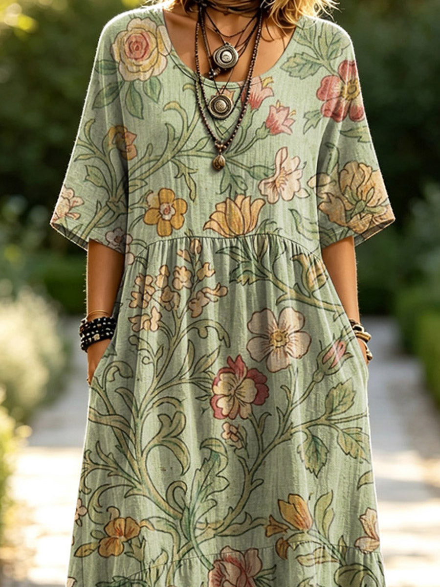 Women's Floral Pattern Art Print Casual Short Sleeve Linen Dress