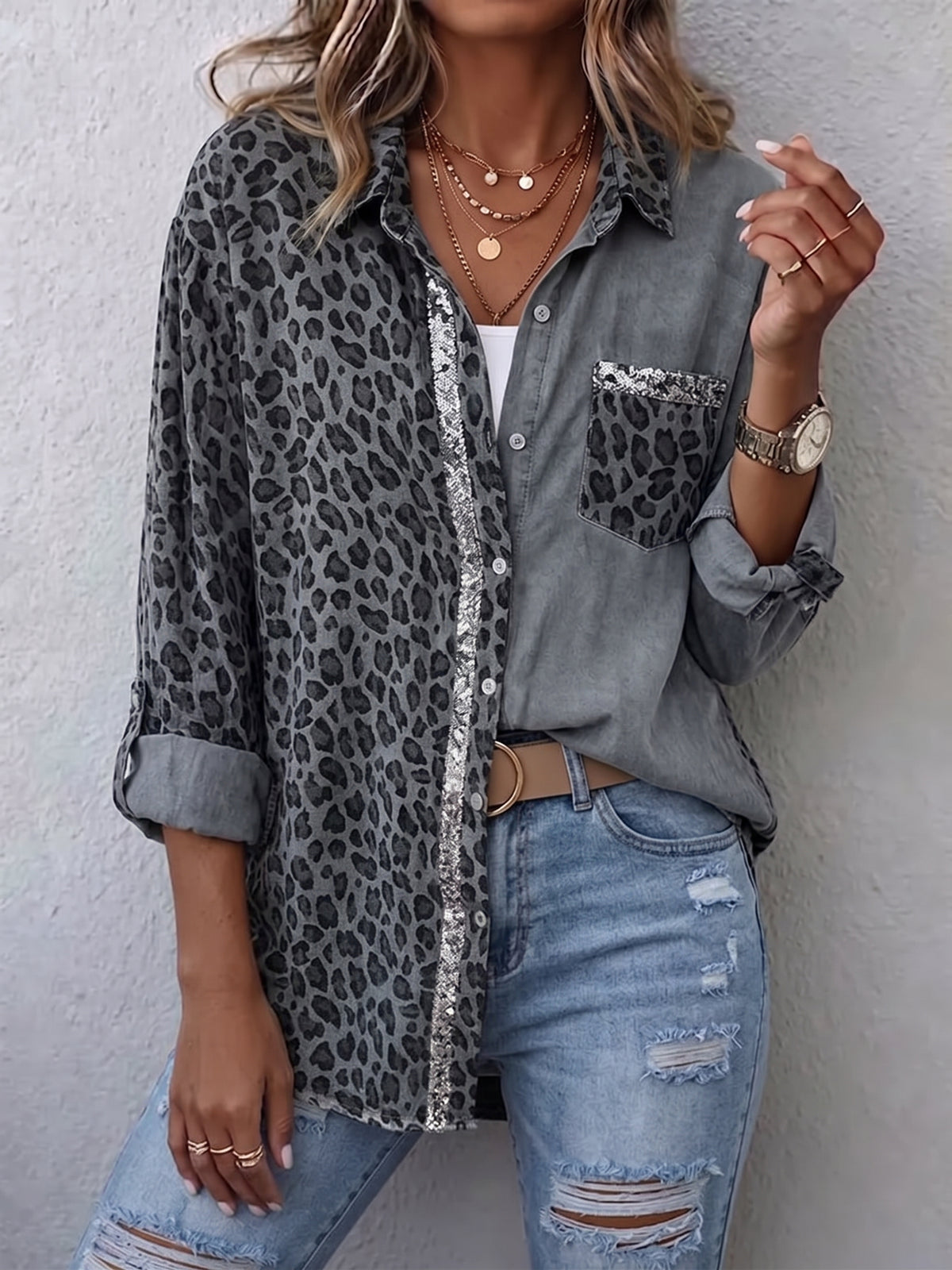 Women Leopard Color Block Sequin Trim Button Down Shirt Long Sleeve Collared Blouse With Pocket