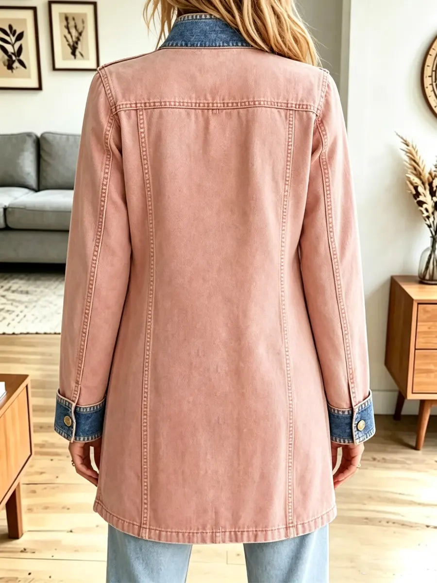 Retro Pink Button Pockets Art Casual Stylish Long Sleeve Denim Coat