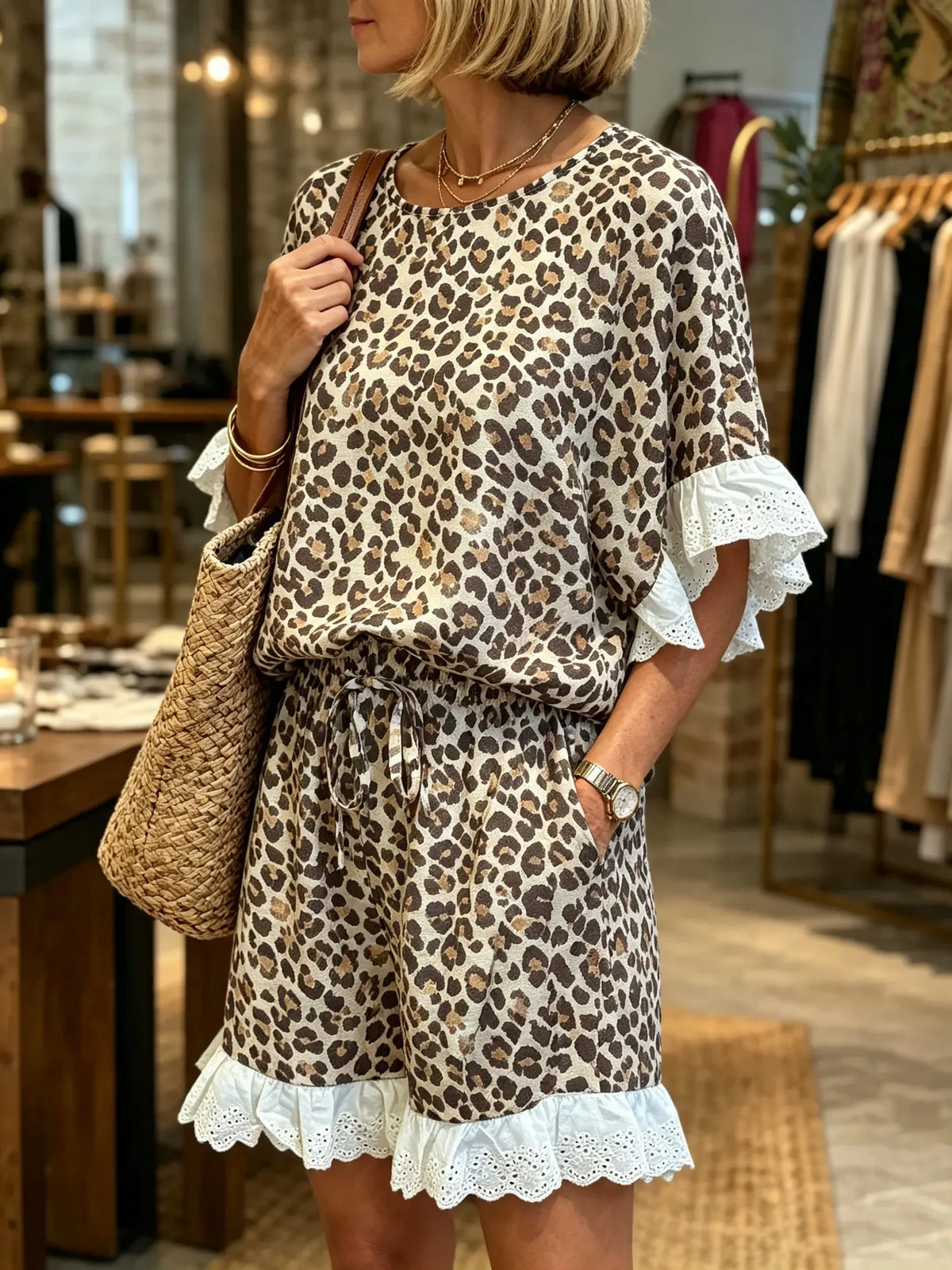 Women's Leopard Eyelet Lace Two-Piece Set
