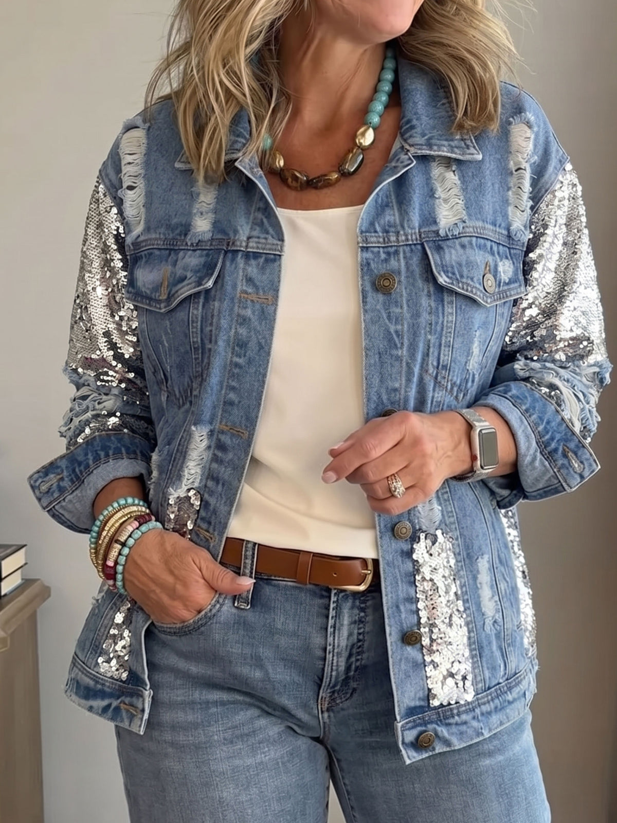 Women Ripped Denim Jacket Silver Sequin Patch Long Sleeve Casual Party Outerwear With Pockets