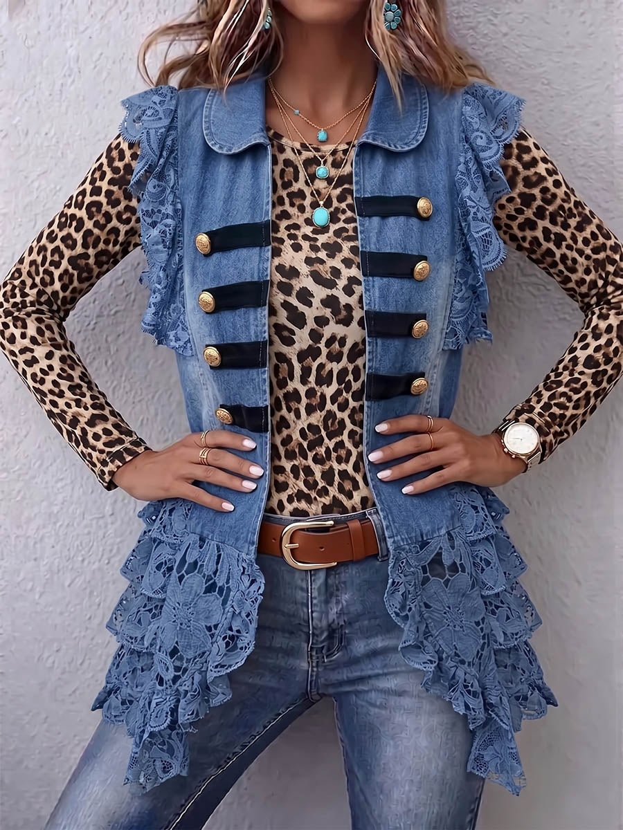 Vintage Elegant Hollowed Out Lace Patchwork Denim Ruffled Jacket Vest