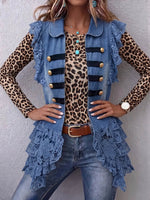 Vintage Elegant Hollowed Out Lace Patchwork Denim Ruffled Jacket Vest