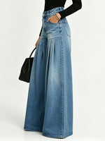 Women Solid Washed Denim Spliced Pleated Wide Leg Pants