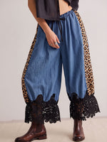 Vintage Elegant Hollowed Out Lace Patchwork Denim Jeans Pants