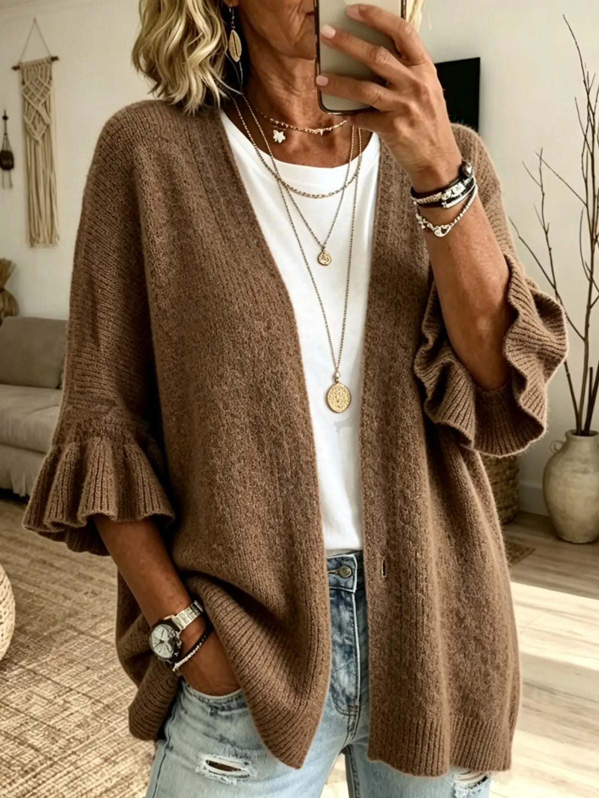 Women's Ruffle Sleeve Open-Front Cardigan