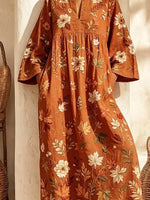 Retro Floral Pattern Art Print Casual V-neck Cotton Linen Maxi Dress