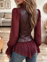 Women's Ruffled Shirt Faux Leather Vest Two-piece Set