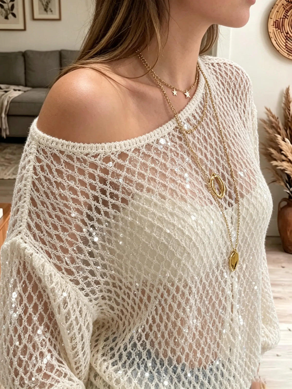 Women's Hollow-out Sequined Mesh Long-sleeved Top