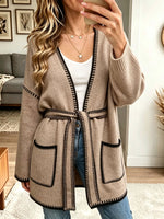 Women Contrast Stitch Trim Belted Open Front Knit Cardigan With Pockets