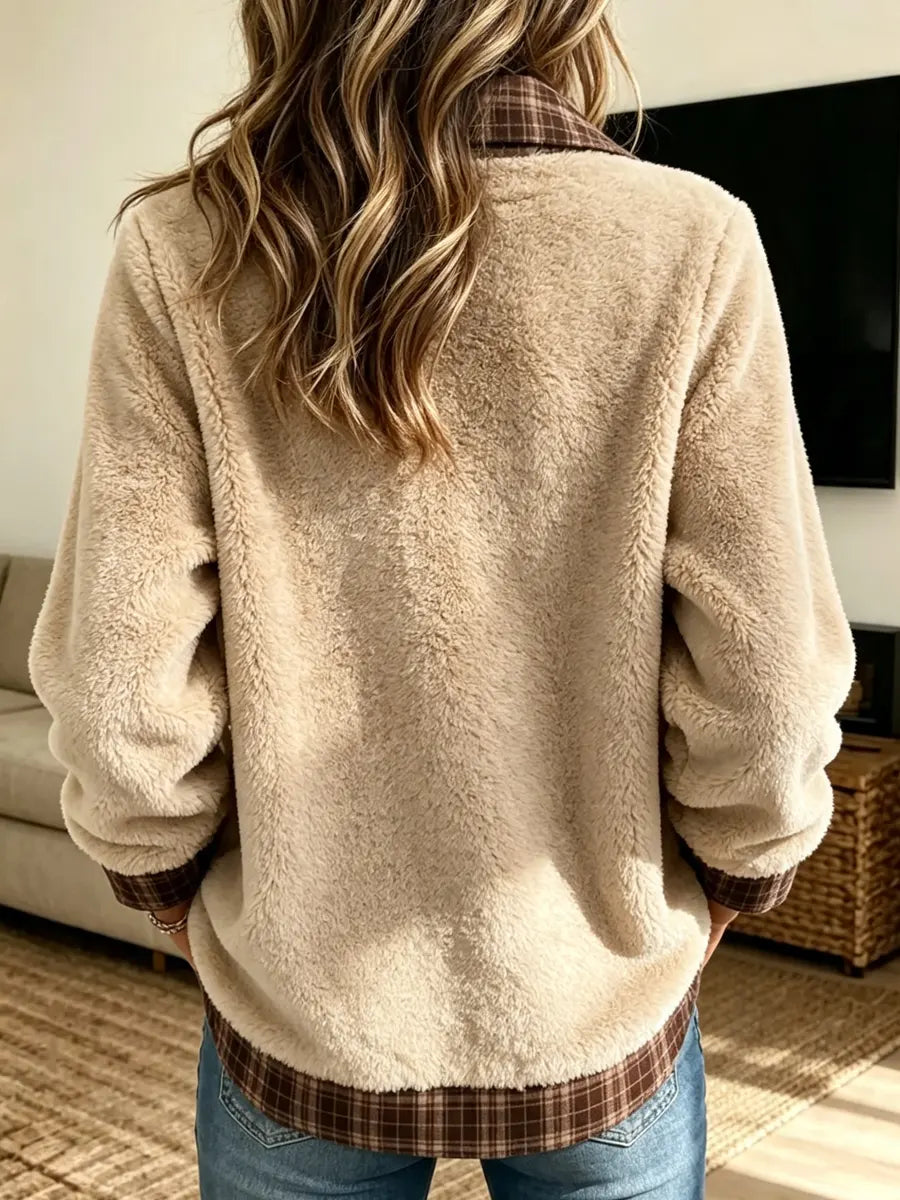 Retro Cozy Comfortable Stylish Plaid Art Patchwork Fleece Long Sleeve Casual Top
