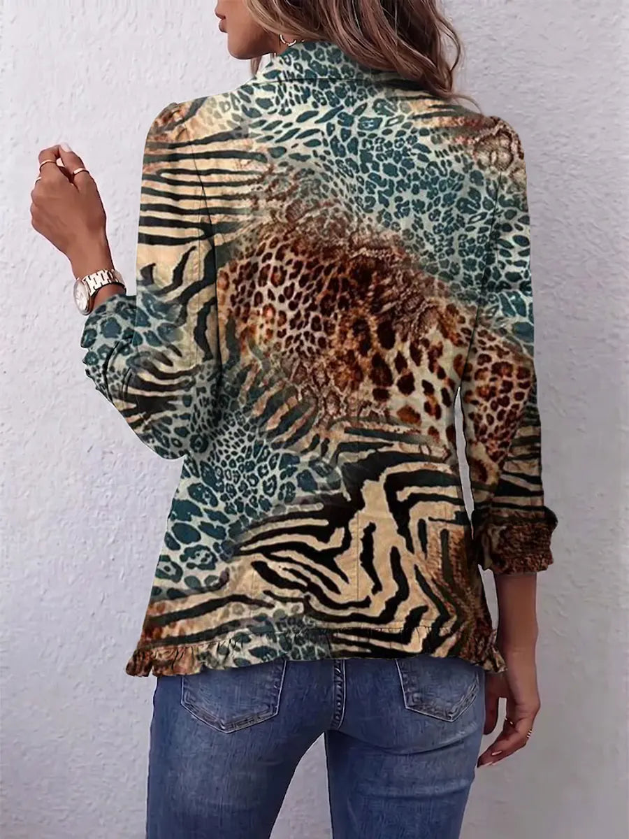 Retro Leopard Pattern Art Print Ruffle Casual Stylish Cotton Lapel Coat