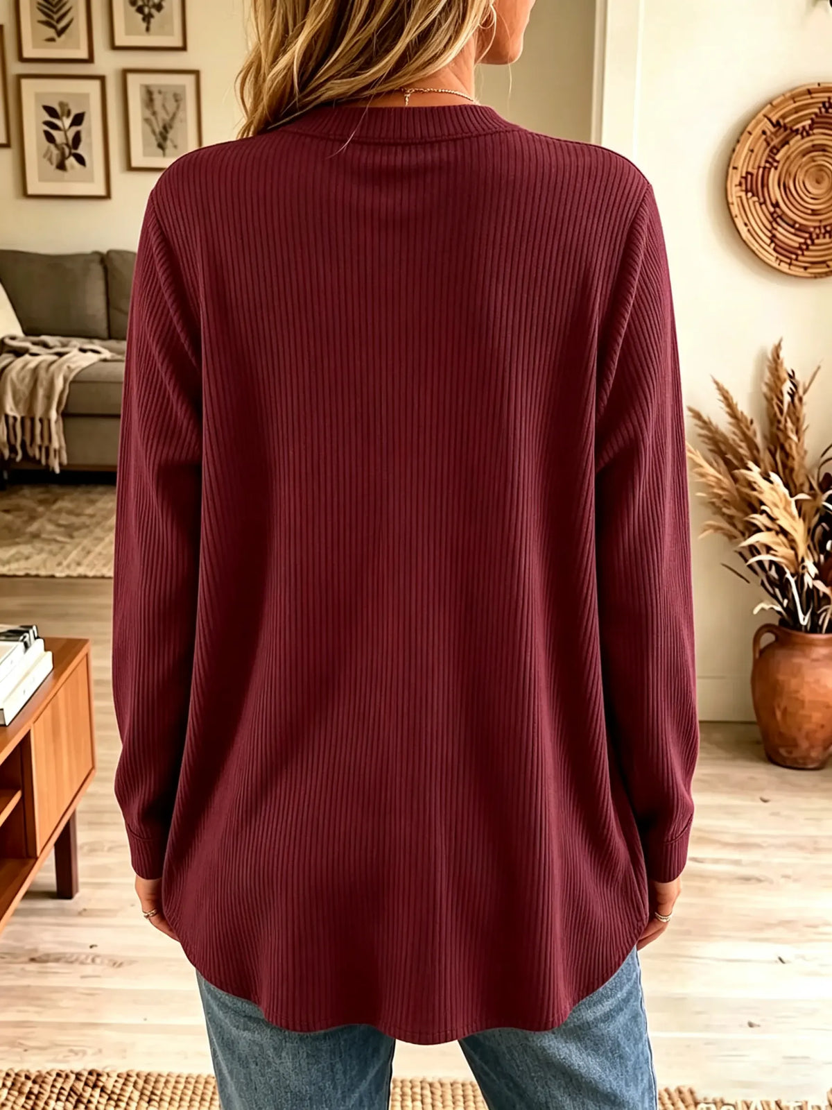 Women's Ribbed Henley Long Sleeve Tunic Top