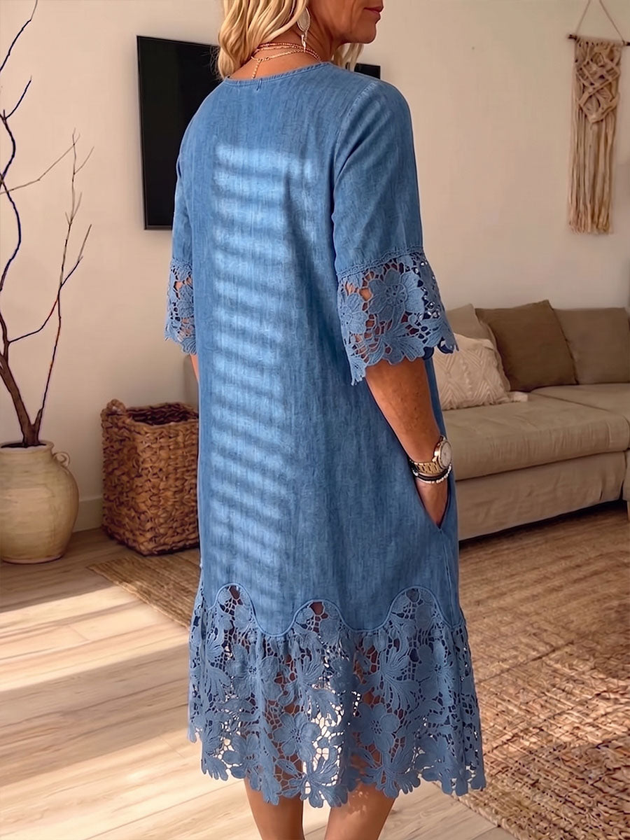 Vintage Elegant Denim Patchwork Hollowed Out Lace Dress