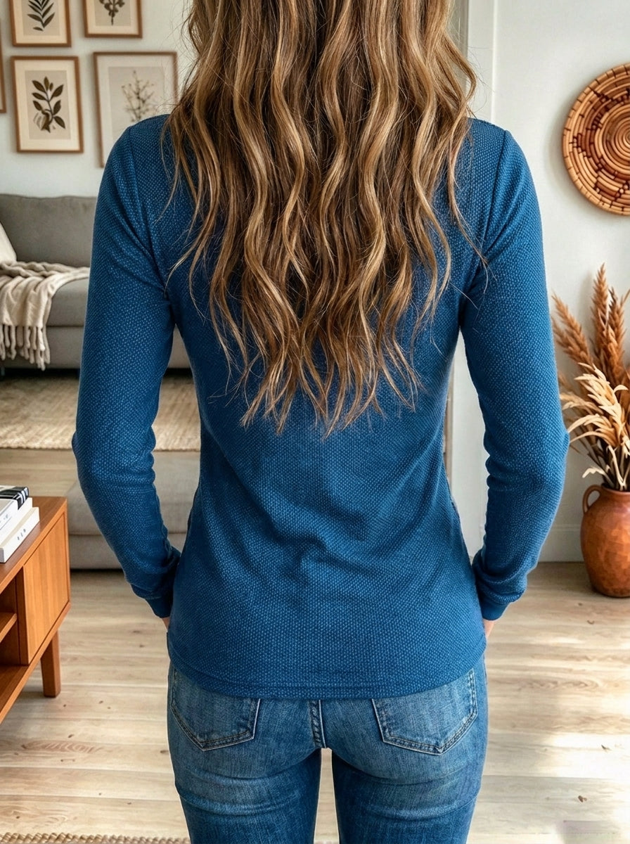 Women's Blue V-Neck Long Sleeve Top with Multi-Pattern Patchwork Print