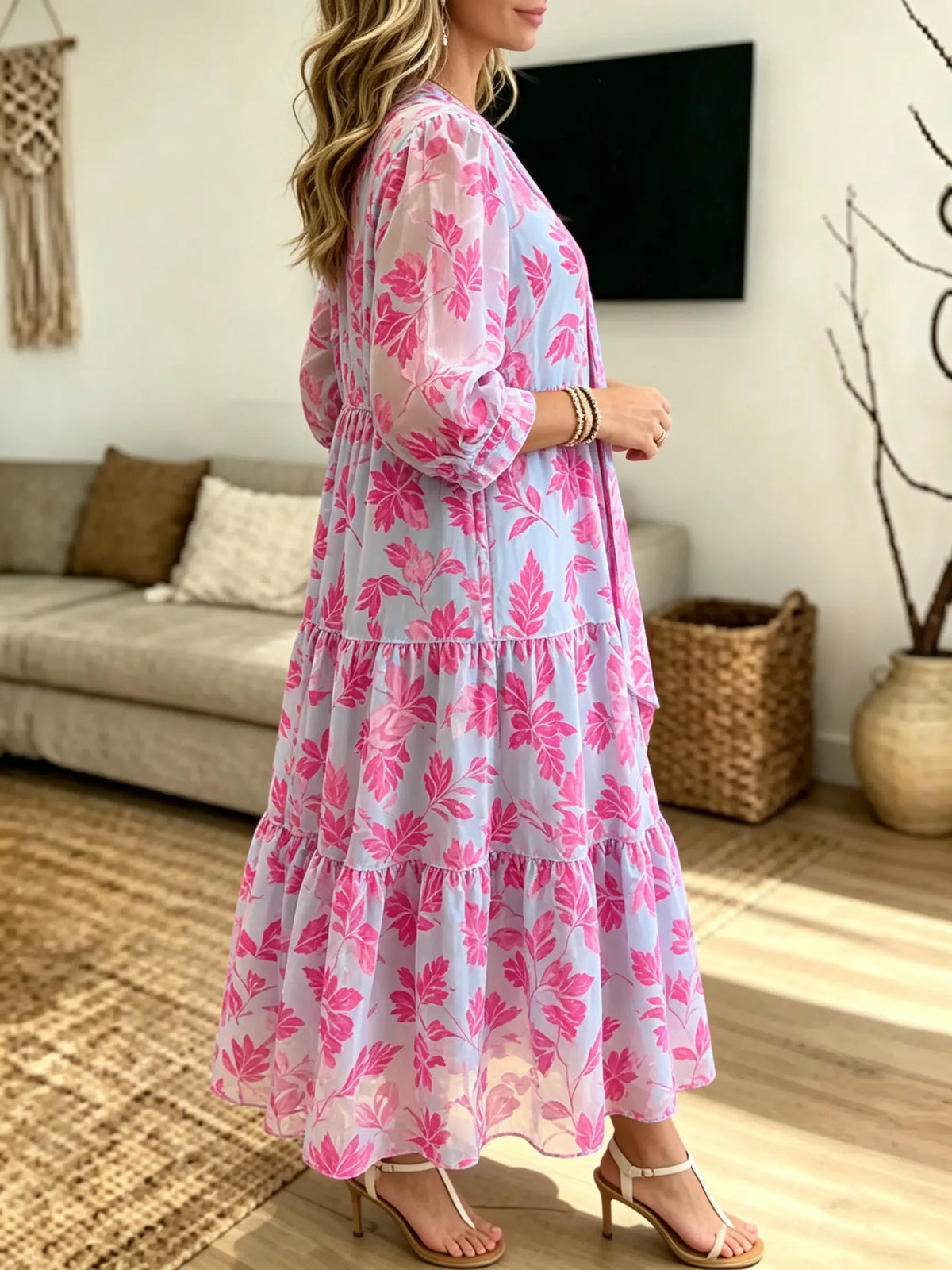 Women's Floral Print Tie-Neck Tiered Maxi Dress